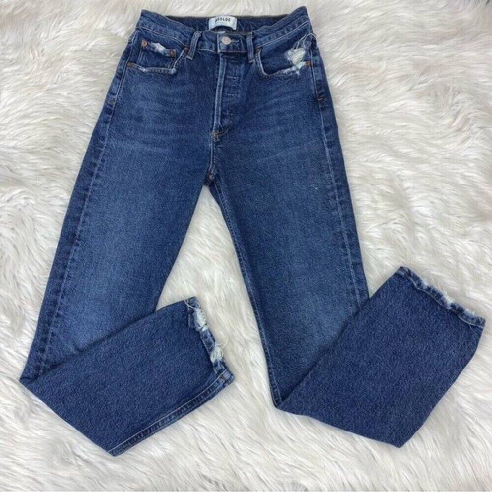 Agolde Riley High Rise Straight Jeans Blue Button Fly Lightly Distressed 24